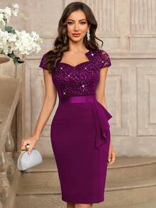 MIUSOL Sequin Lace Sweetheart Neck Ruffle Hem Cocktail Party Bodycon Dress Wedding Spring - Maroon - View 4