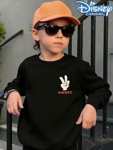 Disney Classic Character Mickey Mouse Print Hooded Sweatshirt - A Street-Style, Crewneck Casual Summer Top Suitable For Both Boys And Girls, Perfect For Holiday Parties, Gatherings, Outdoor Activities, And Everyday Casual Wear. - 黑色 - 查看 1