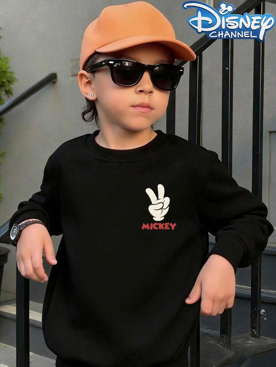 Disney Classic Character Mickey Mouse Print Hooded Sweatshirt - A Street-Style, Crewneck Casual Summer Top Suitable For Both Boys And Girls, Perfect For Holiday Parties, Gatherings, Outdoor Activities, And Everyday Casual Wear. - 黑色 - 查看 1