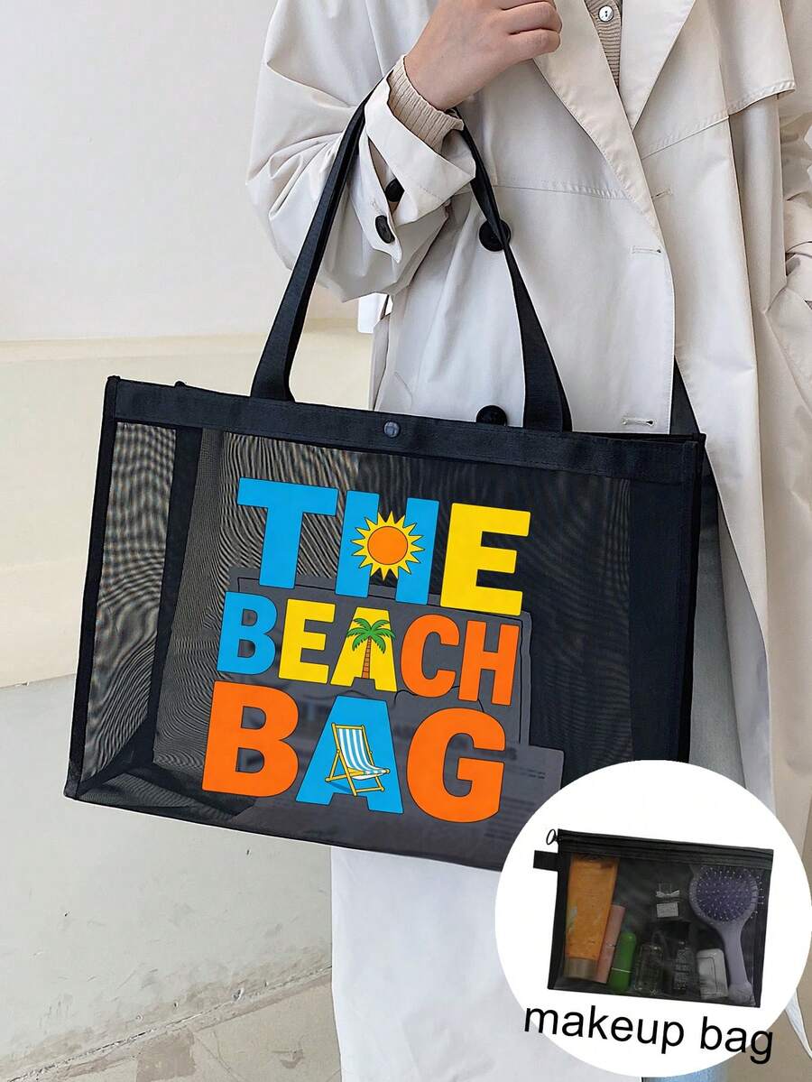 尼龙字母印花沙滩网眼手提包，沙滩度假风沙滩包，彩色蝴蝶结图案，大容量沙滩包，自用或送礼佳品，适合送给朋友、母亲、老师等，大容量手提包 - 彩色 - 查看 1
