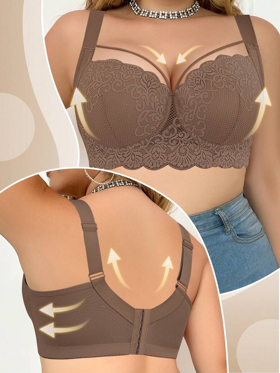 MIMILEMON Plus Size Comfortable Lace Underwire Bra - Wide Straps, Lift, Side Support, Full Coverage Design - Mocha Brown - View 1