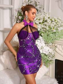 New Women's Sleeveless Bodycon Slim Fit Sexy Mesh Mesh Splicing See Through Neck Hanging Bow Dress Banquet Birthday Party Ball Gowns