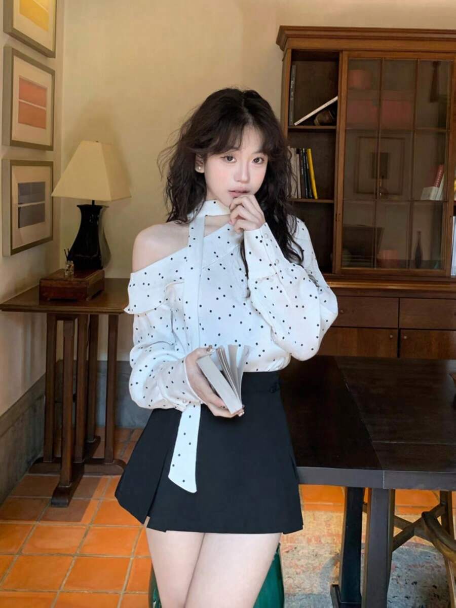 新款春夏法式波点不对称肩部衬衫，高端设计优雅长袖女式上衣 - 白色 - 查看 1