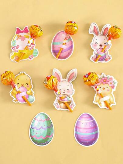 48pcs Easter Bunny Lollipop Holder Cards - Cartoon Rabbits Chick & EasterEggs Designs Decorative Cards, Perfect For Easter Gifts, Party Favors, Classroom Exchanges, Easter Decorations For Home, Spring Party Supplies, Festive Gifts Wrapping, Lollipop Paper Cards DIY Decor
