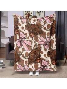 1pc Highland Cow & Pink Bows Flannel Blanket - Soft Warm All-Season Throw For Office, Bed, Sofa, Camping - Contemporary Cozy Gift With Background Design, Cow Blanket - 彩色 - 查看 18