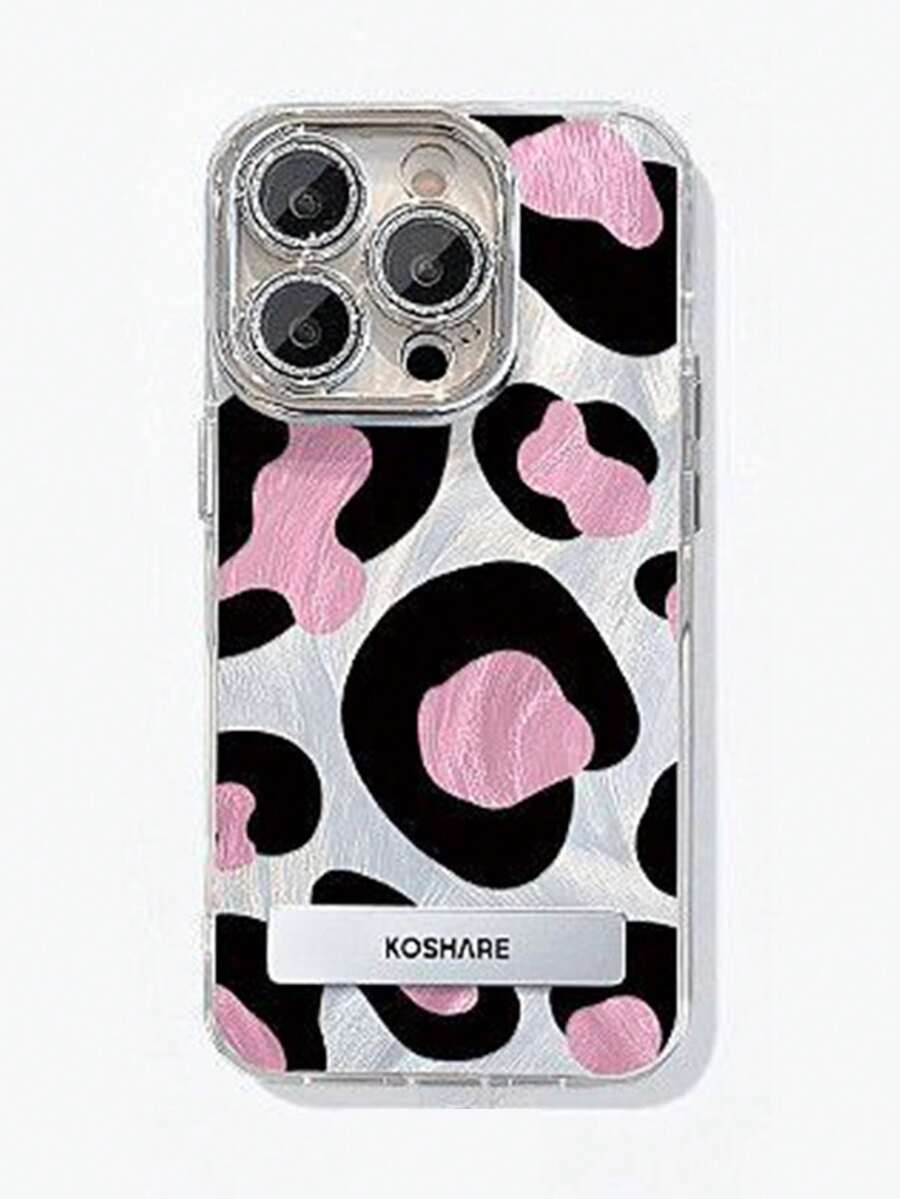 1pc Electroplated Glitter Full Coverage Phone Case With 3D Metal Stand, Niche Sweet Leopard Print, Suitable For IPhone 11/12/13/14/15/16/17/Pro Max