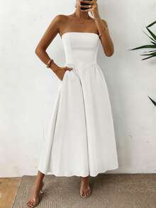 Unadoll 女士无肩带拉链休闲优雅连衣裙，适合海滩度假、旅行、约会、音乐节、返校季和圣诞节等场合。 - 白色 - 查看 8