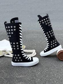 White Canvas Shoes, Mid-Top Sneakers, Children's Canvas Shoes, Spring/Autumn Korean Version, Simple Style, Boys/Girls Shoes, Fashion Low-Top Lace-Up Athletic Shoes, Classic Low-Top Canvas Shoes, Casual Skateboard Children Boots - Black and White - View 4