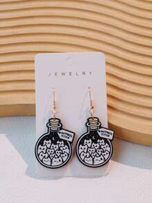 一对可爱黑白玻璃瓶猫形木质耳环，独特的动物造型漂流瓶耳环，送给女性的精美礼物