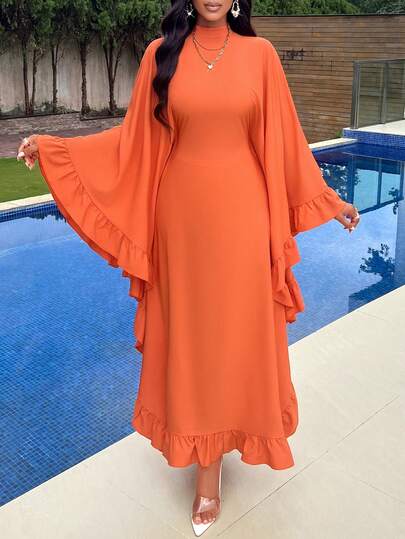 Amarilo Elegant & Decent Women's Solid Color Crew Neck Dress With Batwing Sleeves, Ruffled Hem - Middle Eastern Arabic Style, Adjustable Size