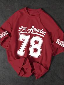 Men's Oversized T-Shirt Los Angeles "198.12cm Print" – Soft Polyester, Machine Washable, Perfect For Outdoor Sports, Casual Everyday Wear, Shopping And Travel - 紅色 - 查看 1
