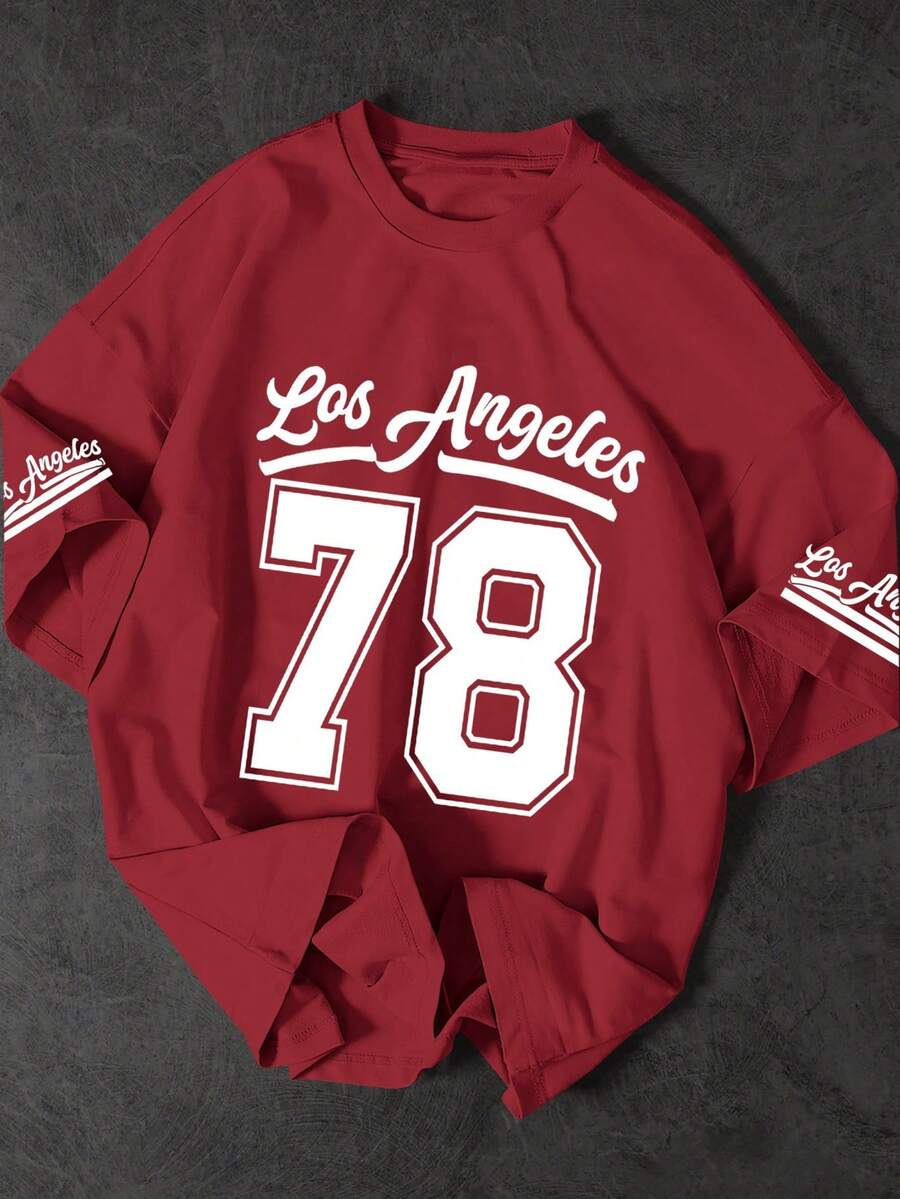 Men's Oversized T-Shirt Los Angeles "198.12cm Print" – Soft Polyester, Machine Washable, Perfect For Outdoor Sports, Casual Everyday Wear, Shopping And Travel - 紅色 - 查看 1