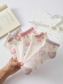 5 đôi tất ngắn nữ màu hồng và trắng họa tiết hoạt hình, tất cổ ngắn/tất ngắn đa năng họa tiết hoa và nơ, phù hợp để mặc hàng ngày, màu ngẫu nhiên, mùa xuân/hè. - Nhiều màu - Xem 6