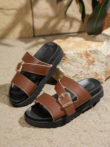 Dép lê đế xuồng dày dặn, kiểu dáng mới, trang trí khóa kim loại, thoải mái, chống trơn trượt, đa năng và dễ vệ sinh, thích hợp cho mang hàng ngày. - màu nâu - Xem 6