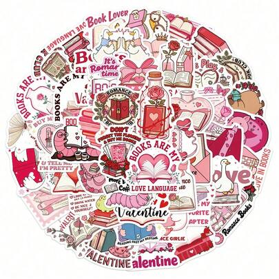 50张情人节书卷风涂鸦趣味贴纸，可装饰水瓶、安全帽、行李箱、自行车、滑板等。