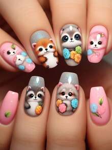 24pcs Press On Nails Coffin Cute Animals ,Pink Nails Supplies Art Perfect For Everyday Wear - Multicolor - View 7
