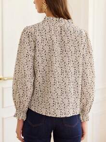 Women's Printed Woven Shirt, Stand Collar Bishop Sleeve, Button Front, Regular Fit Blouse Vacation Spring - Multicolor - View 5