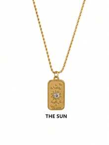 Stainless Steel Waterproof & Fade-Resistant Vintage Gold Sun, Star, Moon Rectangle Pendant Necklace, Suitable For Women's Daily Wear - Gold - View 4