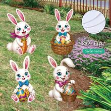 Decoración de jardín vintage de Pascua, 4 piezas/set, señales planas 2D de conejito y huevo lindos, estacas para el césped del jardín de primavera, decoraciones de escena al aire libre de conejito y huevo de dibujos animados - Multicolor - Ver 3