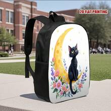 1 Piece Starry Sky Cat Moon Backpack - Fantasy Black Cat And Crescent Flower Design, Lightweight Adjustable Shoulder Straps, Zipper Closure, Hand Washable Polyester Material Daily Commuting Travel Bag, Multifunctional Portable Bag, Fun Aesthetics, Durable Structure, Fashion Accessories, Creative Professionals, Casual Carry, Sturdy Construction,  Style, Exclusive For Fashion Enthusiasts, 2D Flat - 時尚包 - 查看 4