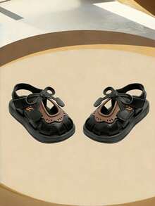 可爱水钻蝴蝶结露趾女童凉鞋，透气沙滩度假凉鞋 - 黑色 - 查看 4