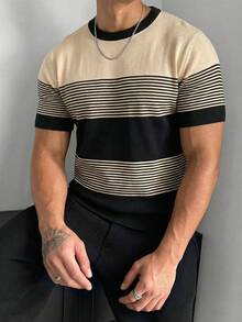GRDR Áo thun nam tay ngắn cổ tròn phối màu sọc, dáng ôm, thời trang thường ngày, đa năng, thích hợp mặc hàng ngày. - Màu be - Xem 2