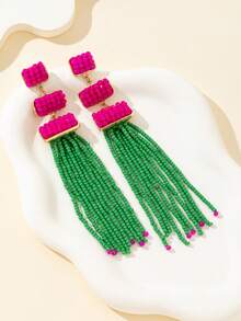 Handmade Colorful Glass Bead Tassel Earrings - Multicolor - View 2