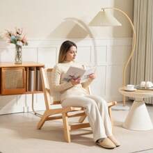 Armless Reclining Armchair With Rattan Backrest, Wooden Frame, Reading Chair For Living Room/Bedroom, Natural Wood - Mustard Yellow - View 2