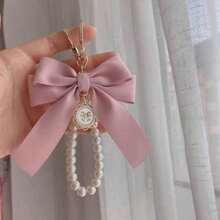 1pc Gorgeous Matte Bow With Faux Pearl Keychain, Lovely Faux Pearl Beaded Bracelet, Vintage Charm, Women & Girls Wallets, Socks, Backpacks, Car Accessories, Ribbons, Pearl Pendant, Valentine's Day, Bow Keychain, School Supplies, Teacher Gifts, Back To School Teacher Essentials, Valentine's Day Bag Charm Pearl Cute Goth Y2k - 彩色 - 查看 1
