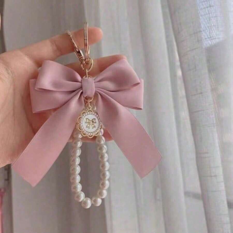 1pc Gorgeous Matte Bow With Faux Pearl Keychain, Lovely Faux Pearl Beaded Bracelet, Vintage Charm, Women & Girls Wallets, Socks, Backpacks, Car Accessories, Ribbons, Pearl Pendant, Valentine's Day, Bow Keychain, School Supplies, Teacher Gifts, Back To School Teacher Essentials, Valentine's Day Bag Charm Pearl Cute Goth Y2k - 彩色 - 查看 1