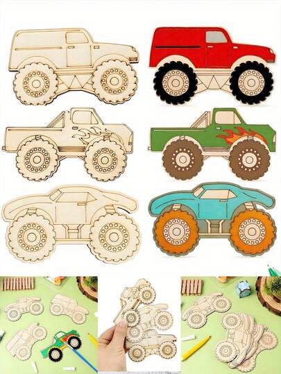 30pcs Monster Truck Party Decoration Monster Mechanical Birthday Party Gift Truck Shaped Wooden Handmade Material DIY Unfinished Wooden Chip Racing Theme Birthday Decoration, Party Gift, Graffiti Wood Shape, Very Suitable For Christmas, Valentine's Day, Birthday Parties And Festival Decoration, Festival Crafts, Fun Decoration, Exquisite Details, Craft Wooden Decoration