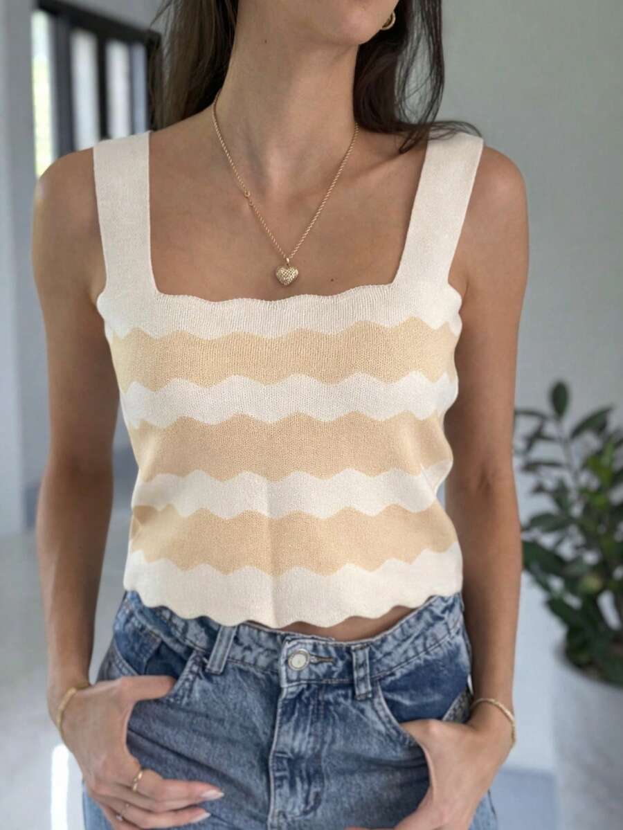 TOP SQUARE WAVES SUMMER KNIT MODAL NEW COLLECTION - 白色帶奶油色 - 查看 1