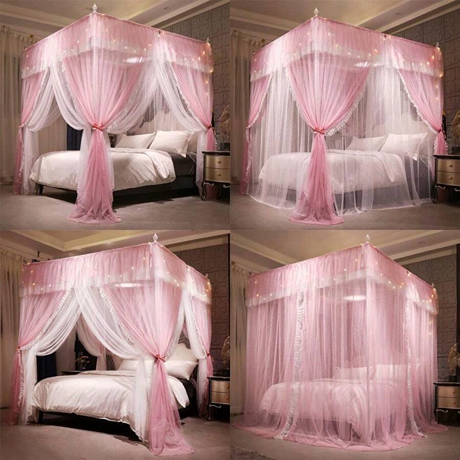 VETHIN 4 Corners Post Ruffle Princ Bed Canopy Curtain-Double Layer Cozy Drape Netting 4 Opening Mosquito Net For Girls Adults Bedroom Decoration Pink/Whtie 47 W78 L82 H/Twin - PinkWhtie - 查看 1
