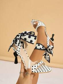 Women's High Heels, Suitable For Parties, Outdoor, Travel, Stage Shows, Black Heart-Shaped Stiletto Heel, Square Toe, Backless Mule, Strap , Polka Dot Scarf Leg Tie, Sexy & Fashionable, High-Quality Polka Dot Mirror Material, Comfortable & Elegant, Versatile White High Heel Sandals - White - View 6