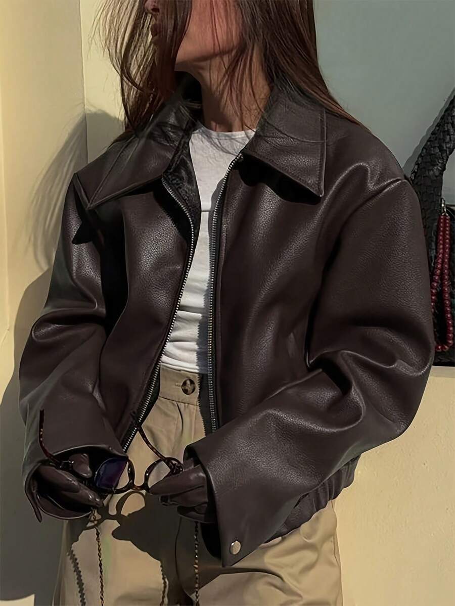 Oversized Collared Zip-Up Jacket Jackets For Women Long Sleeve Tops Women Red Blazer Women Womens Tops Light Jacket Women Pink Leather Jacket - 棕色 - 查看 1