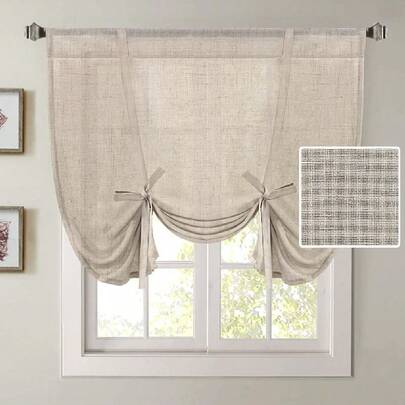 1 件米色条纹亚麻窗帘，系带罗马帘，时尚半透明窗帘，适用于厨房、浴室、小窗户