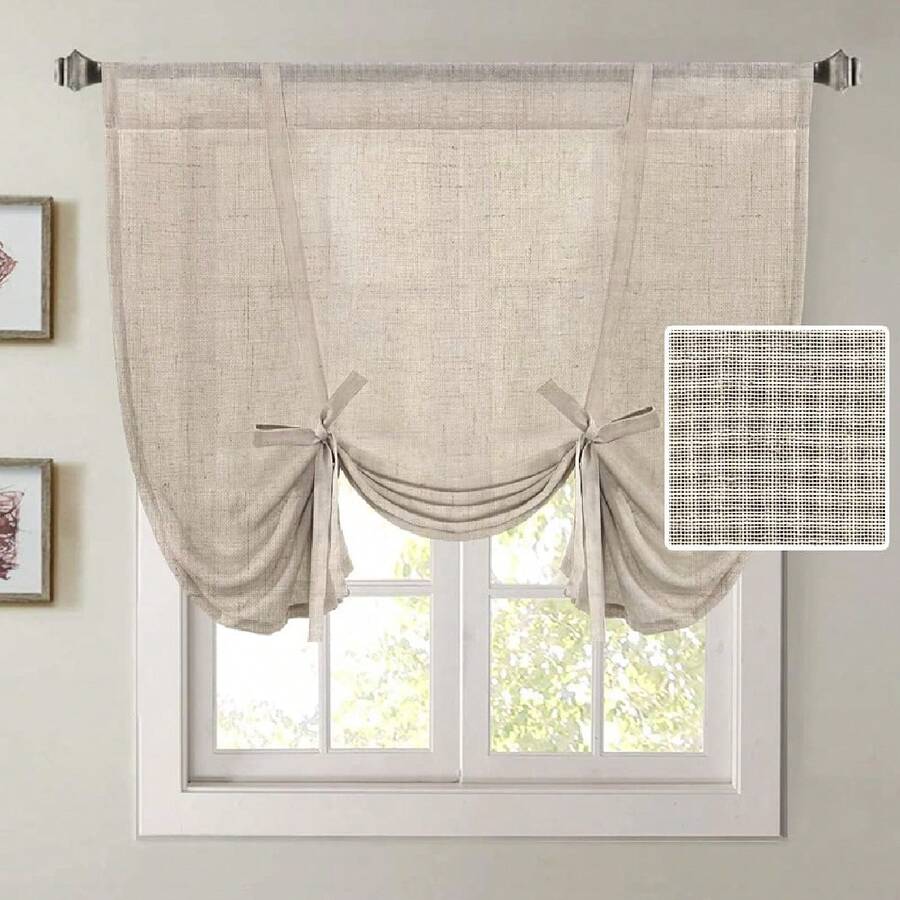 1 件米色条纹亚麻窗帘，系带罗马帘，时尚半透明窗帘，适用于厨房、浴室、小窗户 - 米色 - 查看 1