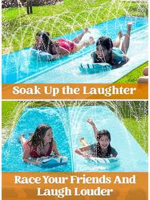 Joyfy Tobogán acuático de 22.5 pies de doble carril con salpicaduras de agua, tobogán de agua para jardín trasero de verano con rociador incorporado e tabla de bodyboard inflable - Azul menta - Ver 6