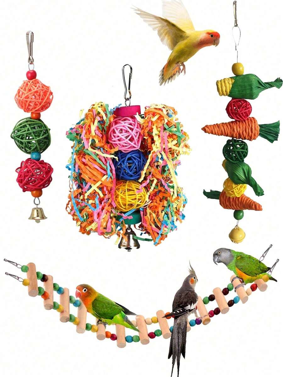 4件套鸟类鹦鹉玩具套装，觅食玩具，笼内训练玩具，彩色咀嚼悬挂铃铛玩具，仓鼠攀爬梯秋千玩具，适用于金刚鹦鹉、长尾鹦鹉、锥尾鹦鹉、玄凤鹦鹉、爱情鸟，颜色随机 - 彩色 - 查看 1