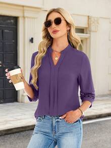 3/4 Length Sleeve Womens Tops V Neck Dressy Casual Blouses Lace Tunic Pleated Shirts Business Casual Outfits 2026 Designed With A Stand Collar V-Neck, Front Pleats And 3/4 Sleeves Featuring Hollow-Out Cuffs - 紫色 - 查看 4
