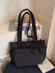 Peach Tree Tote Bag, Black Nylon Waterproof Minimalist Style Large Capacity Foldable Shoulder Bag, Suitable For Daily Commute, Shopping, Travel, Party, Cosmetic Storage, Women Gift, Fashion Party Favor - Multicolor - View 15