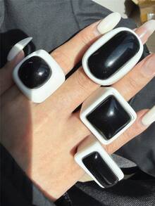 4pcs/Set Vintage Geometric Square Resin Rings, Retro Ring Set, Gift For Friends, Autumn/Winter - Multicolor - View 3