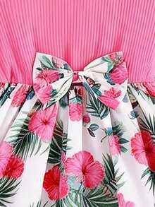 女童夏季度假连衣裙，玫瑰粉色罗纹上衣，短袖拼接设计，白色底芙蓉花和棕榈叶印花，蝴蝶结公主裙 - 粉色 - 查看 4