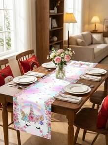 1pc Pink Unicorn & Rainbow/Star/Floral Pattern Unicorn Theme Table Runner, Dreamy Girly Style Polyester Rectangular Tablecloth Decor - With Sparkling Star Accents, Pink Floral Trim And Unicorn Horn Details, Pink Unicorn Tabletop Decor For Room Decoration, Holiday Atmosphere Setting, Suitable For Girl's Birthday Party Decoration And Home Indoor Gathering - Unicorn - View 10