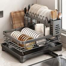 Dish Drying Rack, 2 Tier Dish Rack With Utensil Holders, Small Stainless Steel Dish Racks For Kitchen Counter, Heavy Duty Dish Drainers For Kitchen Counter And Sink, Suitable For Mugs, Dinner Plate, Room Decor, Valentine's Day Black - 黑色 - 查看 1