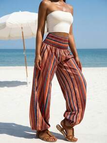Quần dài nữ kẻ sọc dáng suông có dây rút, thích hợp cho kỳ nghỉ và mặc hàng ngày vào mùa xuân. - Nhiều màu - Xem 3