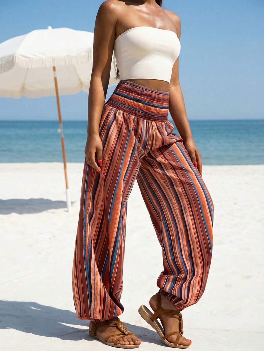 女士条纹休闲抽绳裤，适合度假和日常穿着，春季款 - 彩色 - 查看 1