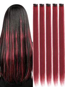 5片装20英寸直发合成假发接发片，红色，夹式，适合万圣节、圣诞节、新年派对、音乐节等场合。