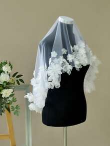 1pc Handmade Romantic Bridal Veil With Floral Applique, No Comb, Wedding Party Valentine's Day Veil - Multicolor - View 5