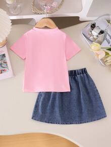 2pcs/Set Toddler Girls' Cute Casual Plaid Bow Round Neck T-Shirt And Denim Skirt Set, Summer - Pink - View 2